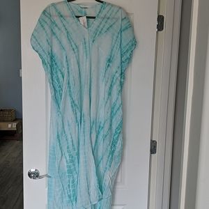 Folk Religion kaftan dress, teal/green/white